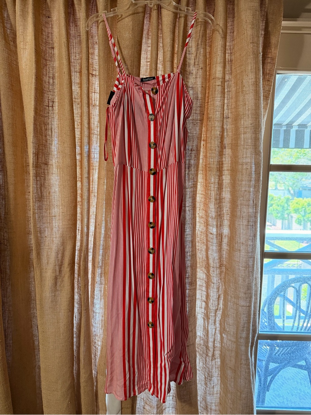 Boohoo Red & White Striped Button-Front Midi Dress